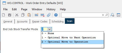 WO.CONTROL End Job Stock Transfer Behaviors