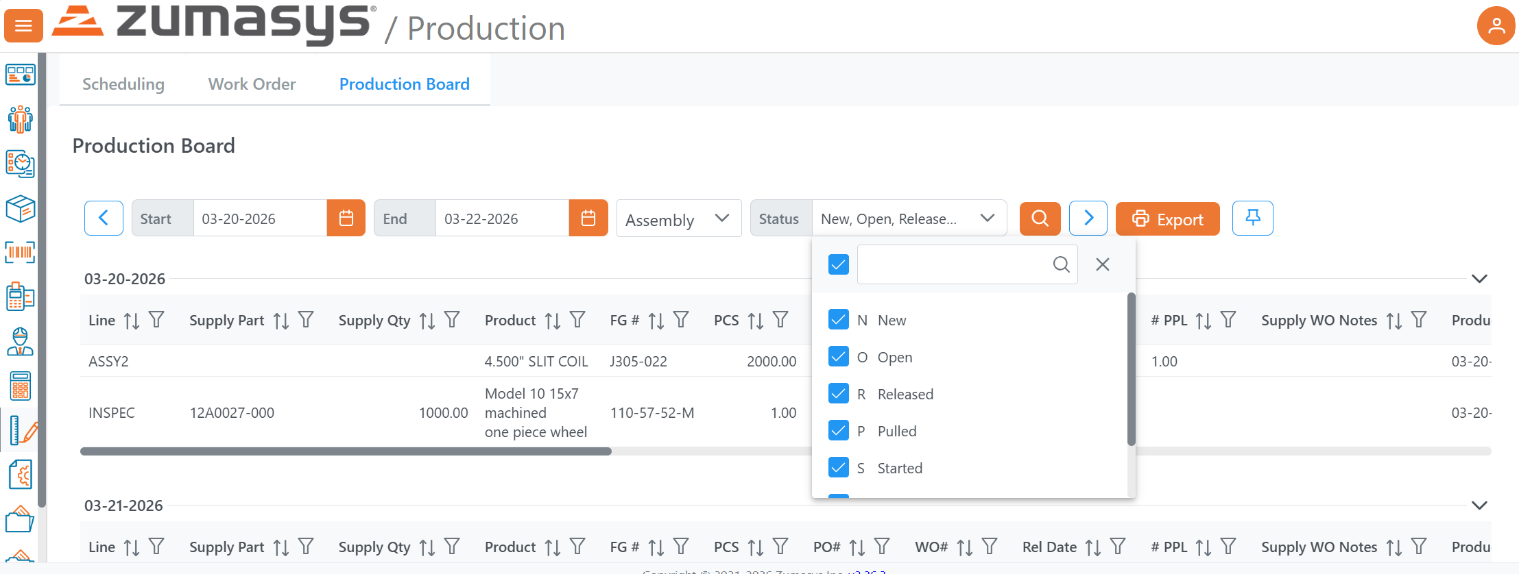 Production Board Status Filter