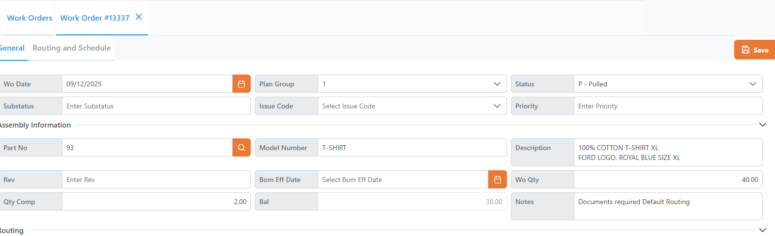 WO Qty Completed and Balance
