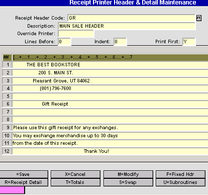 receipt format screen